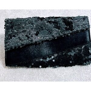 Kate Landry sequin‎ Y2K black purse vintage clutch chain silver prom bag glam
